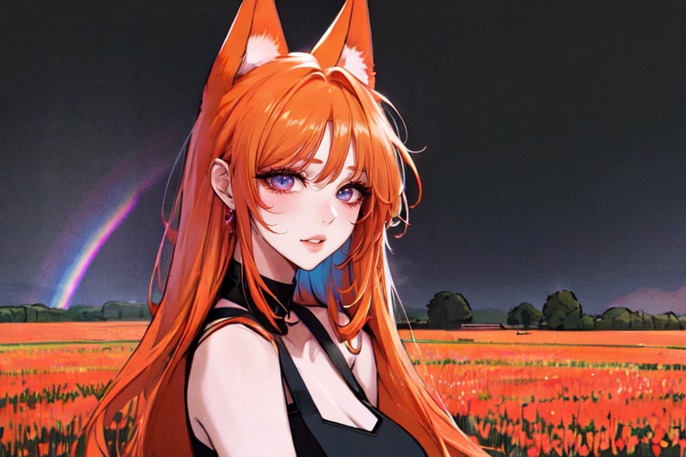(otherworldly), highly insanely detailed, masterpiece, top quality, best quality, highres, 4k, 8k, RAW photo, (very aesthetic, beautiful and aesthetic), farm, fields, barn, fence, fantfa, <lora:FantasyFarm-10:0.3>, 
1girl, 
(orange hair ,rainbow hair,Iridescence hair), 
(pure black background,pure pink background ,neon color,multicolored background,solid color,solid color background,gradient background),âââ