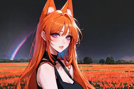 (otherworldly), highly insanely detailed, masterpiece, top quality, best quality, highres, 4k, 8k, RAW photo, (very aesthetic, beautiful and aesthetic), farm, fields, barn, fence, fantfa, <lora:FantasyFarm-10:0.3>,
1girl,
(orange hair ,rainbow hair,Iridescence hair),
(pure black background,pure pink background ,neon color,multicolored background,solid color,solid color background,gradient background),âââ