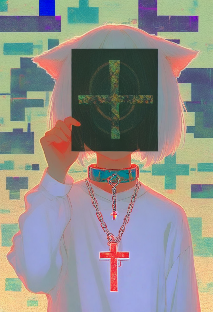 solo, shirt, white shirt, chain, 1girl, long sleeves, short hair, upper body, collar, hand up, collared shirt, glitch, cross, animal ears, necklace, white hair <lora:748cmXL_il_lokr_V5311P:0.95>