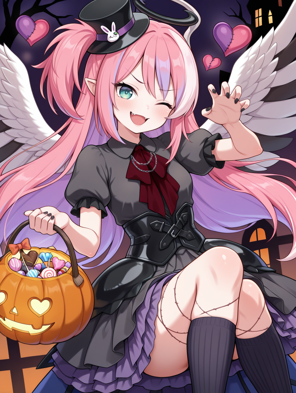 angel,ghostrick angel of mischief,1girl,solo,one eye closed,smile,halloween,candy,stitched heart,halloween bucket,open mouth,looking at viewer,black kneehighs,holding halloween bucket,black layered dress,red ascot,black corset,black mini top hat,black nails,veins,
masterpiece,best quality,amazing quality,very aesthetic,absurdres,newest,<lora:Ghostrick Angel of Mischief illusXL v1:0.75>,