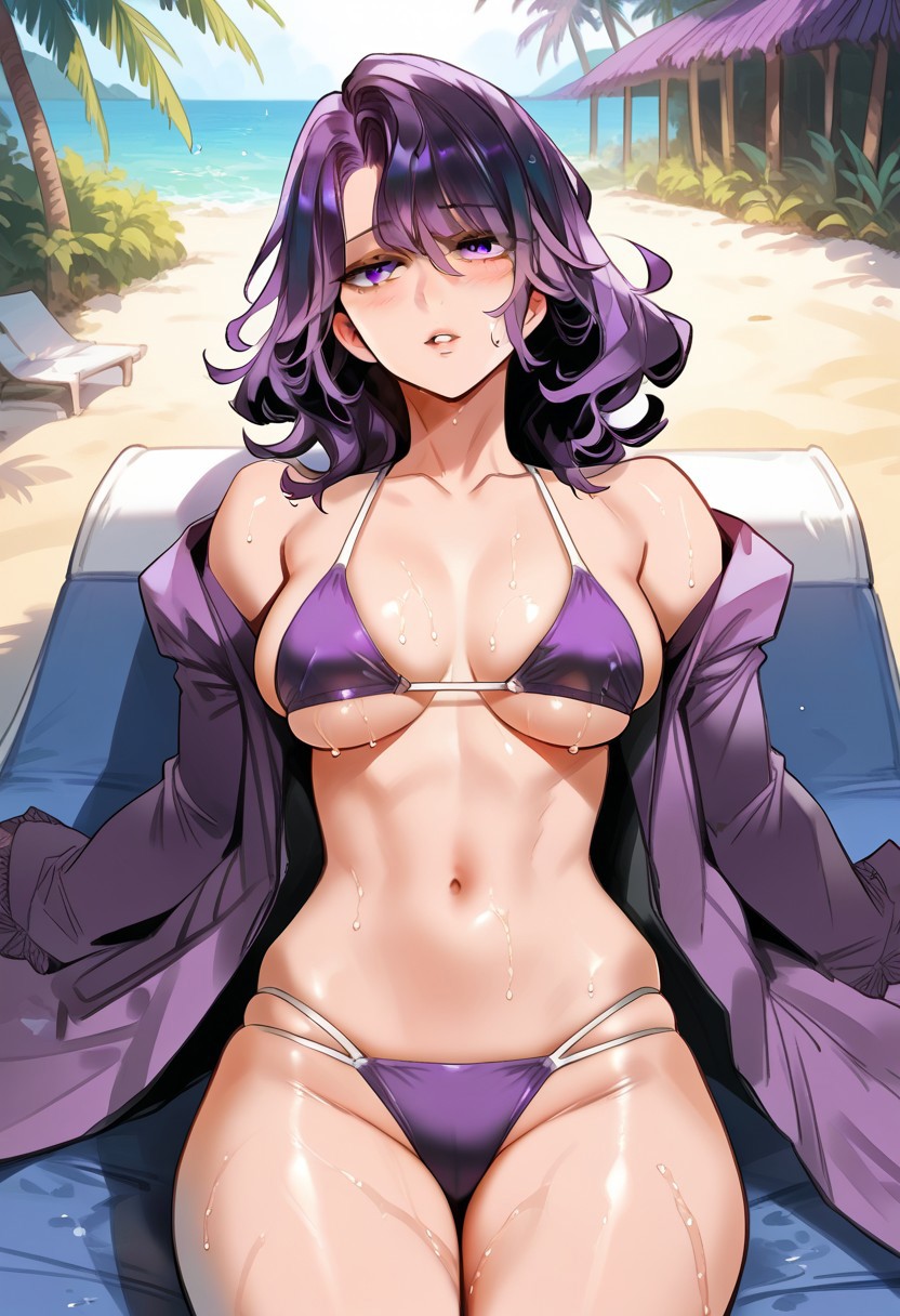 zPDXL3, score_9_up, score_8_up, score_7_up, (Anime_source), 1girl, GayeonSin, purple eyes, black-purple hair, medium hair, wet, cowboy shot, looking at viewer, parted lips, light blush, palm trees, (bikini, lying on chaise lounge), purple theme, sunglasses
