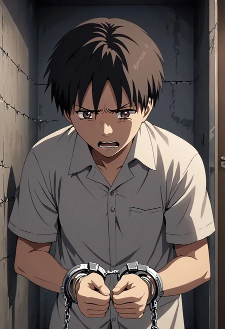 high resolution, solo, best quality, 1Boy, Takaki Toono, Brownish Hair, Brown Eyes, arrested, restrained, struggling, handcuffs, interrogated, interrogation room, OverallDetail