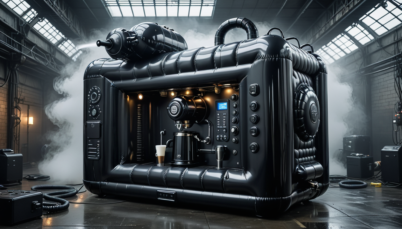 shnywrld, cyberpunk, inflatable, zipper, black coffee machine, dramatic scene, in an open space, liminal, fog, mist, extremely detailed and intricate <lora:shinyworld_2dim:1>