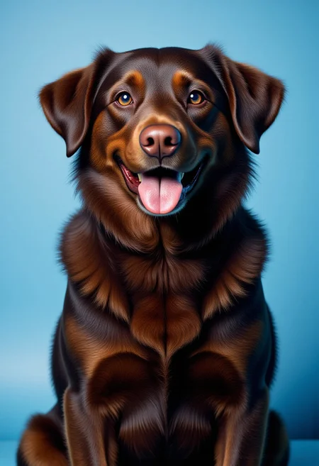 DogPortraitHQ, 4k, realistic, fluffy hair, dark brown dog, happy look, light blue background