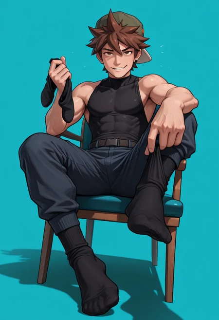 masterpiece, absurdres, high quality, perfect anatomy, arwe, foreshortening, BREAK
jax, 1boy, male focus, solo, brown hair, brown eyes, spiked hair, short hair, bangs, hat, green cap,
BREAK, teasing, cinematic, intricately detailed illustration, depth of field, masterpiece, best quality, amazing quality, very aesthetic, absurdres, newest, very awa, shadow, dynamic angle, casual cosplay, dynamic pose, simple background, teal theme, full body, feet focus, detailed fingers, black footwear, no shoes, looking at viewer, black socks, cocky smile, siting, chair, submissive pov, feet towards viewer, dominant, twunk, muscular, muscles, lycra pants, domination, arrogant smile, looking down on viewer, compression outfit, holding worn out socks in hand, short socks, threatening,