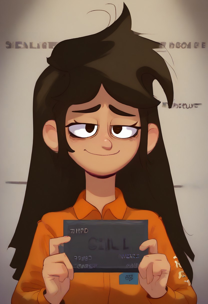 1girl, solo, brown hair, long hair, messy hair, brown eyes, droopy eyes, orange prison jumpsuit, tan-skinned female, Barbie mugshot, holding, nameplate, holding sign, letterboxed, looking at viewer, mugshot, coy smile half lidded eyes, half closed eyes, cocky smile, baggy eyes, bags under eyes, upper body,
Break, english text, (text: LIBBY),english text, (text: LIBBY),english text, (text: LIBBY),english text, (text: LIBBY),english text, (text: LIBBY),english text, (text: LIBBY),english text, (text: LIBBY),english text, (text: LIBBY),english text, (text: LIBBY),english text, (text: LIBBY),english text, (text: LIBBY),english text, (text: LIBBY),english text, (text: LIBBY),english text, (text: LIBBY),english text, (text: LIBBY),