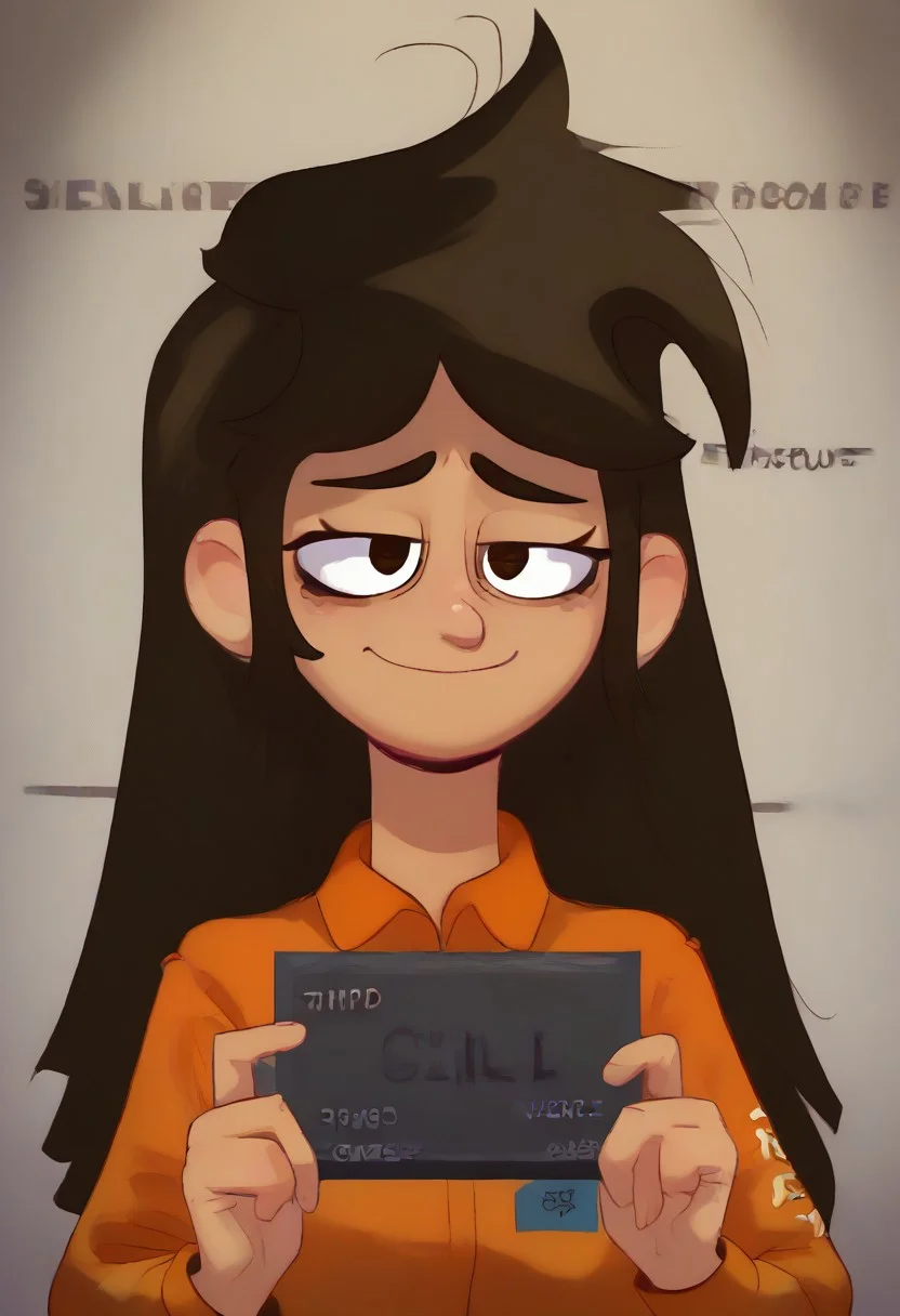 1girl, solo, brown hair, long hair, messy hair, brown eyes, droopy eyes, orange prison jumpsuit, tan-skinned female, Barbie mugshot, holding, nameplate, holding sign, letterboxed, looking at viewer, mugshot, coy smile half lidded eyes, half closed eyes, cocky smile, baggy eyes, bags under eyes, upper body,
Break, english text, (text: LIBBY),english text, (text: LIBBY),english text, (text: LIBBY),english text, (text: LIBBY),english text, (text: LIBBY),english text, (text: LIBBY),english text, (text: LIBBY),english text, (text: LIBBY),english text, (text: LIBBY),english text, (text: LIBBY),english text, (text: LIBBY),english text, (text: LIBBY),english text, (text: LIBBY),english text, (text: LIBBY),english text, (text: LIBBY),