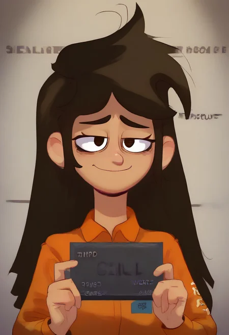1girl, solo, brown hair, long hair, messy hair, brown eyes, droopy eyes, orange prison jumpsuit, tan-skinned female, Barbie mugshot, holding, nameplate, holding sign, letterboxed, looking at viewer, mugshot, coy smile half lidded eyes, half closed eyes, cocky smile, baggy eyes, bags under eyes, upper body,
Break, english text, (text: LIBBY),english text, (text: LIBBY),english text, (text: LIBBY),english text, (text: LIBBY),english text, (text: LIBBY),english text, (text: LIBBY),english text, (text: LIBBY),english text, (text: LIBBY),english text, (text: LIBBY),english text, (text: LIBBY),english text, (text: LIBBY),english text, (text: LIBBY),english text, (text: LIBBY),english text, (text: LIBBY),english text, (text: LIBBY),