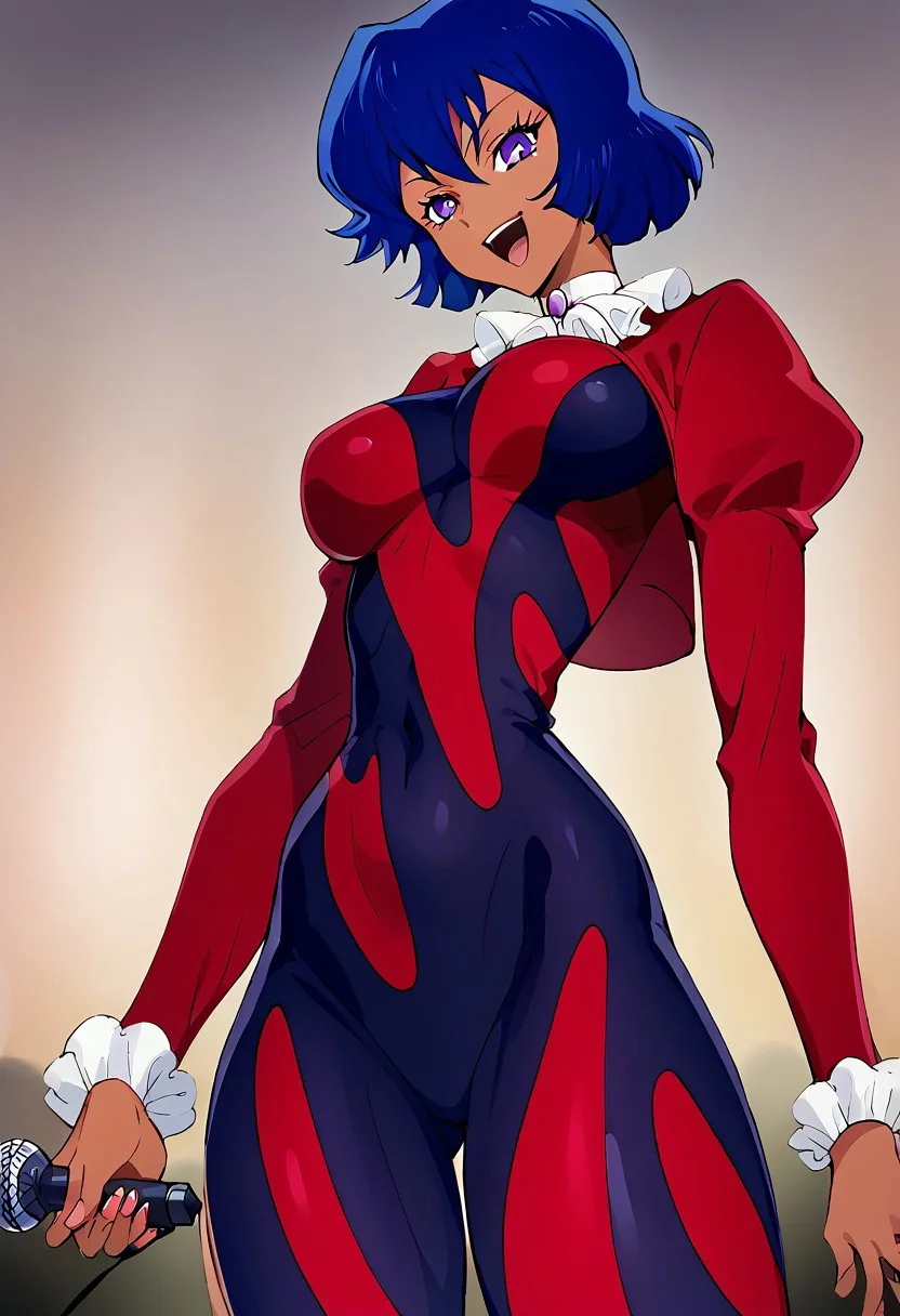 score_9, score_8_up, score_7_up, score_6_up, 2d, cartoon, 1girl, solo, cowboy shot, perfect face, perfect eyes, anime girl, Misty Honey, tanned skin, blue hair, short hair, purple eyes, seductive face, motherly face, singing, thin waist, slim waist, standing, looking down at viewer, holding microphone, medium breasts, bubble butt, skin tight, bodysuit, red jacket, jewelry, upper body focus, concert