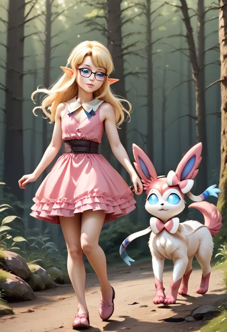 anime art. girl with blonde hair, cute blue eyes, glasses, pointy ears, flat chest, fluffy tail, forest, pink dress. sylveon walking.