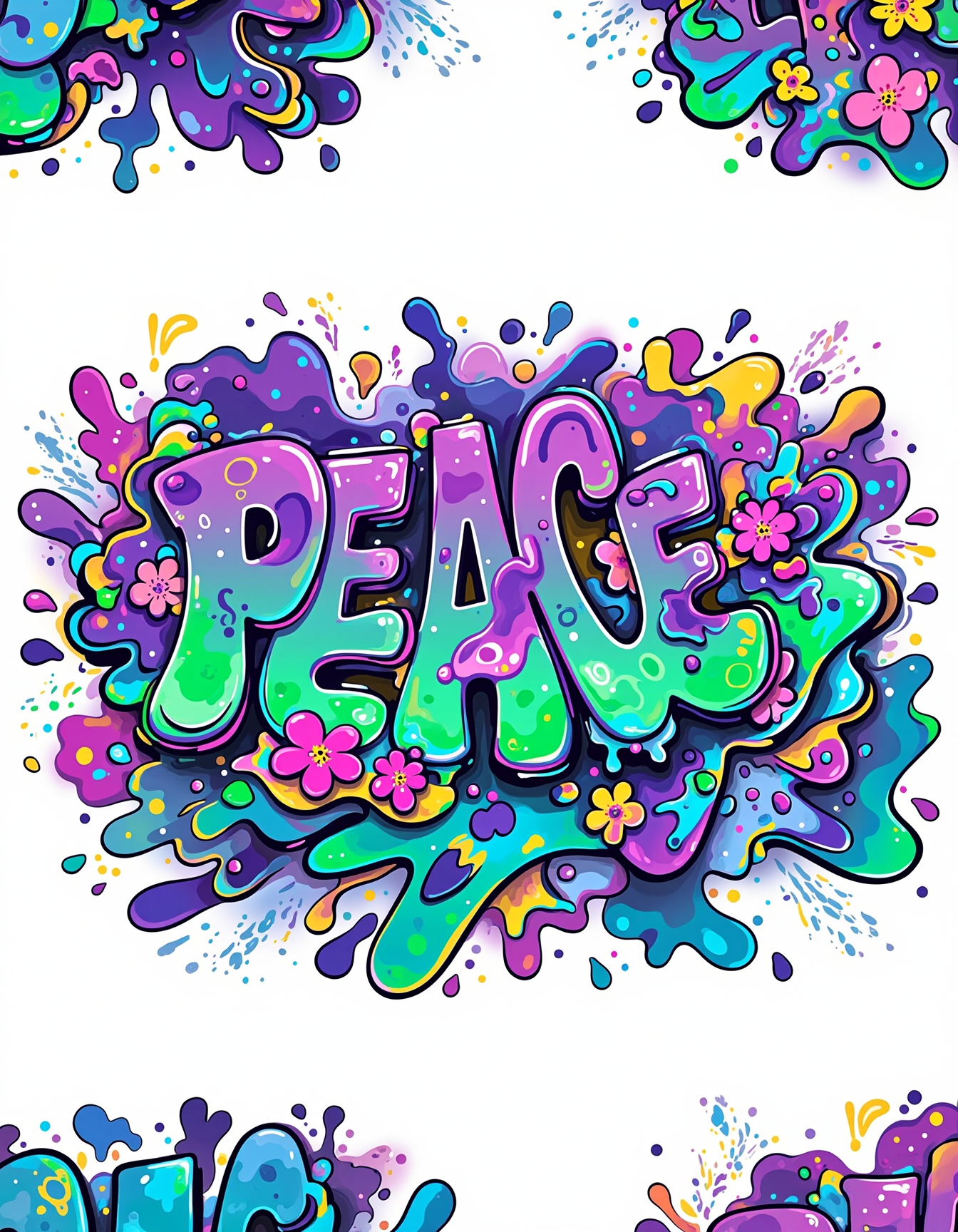 Vibrant Graffiti Art, digital illustration, text "PEACE", graffiti, colorful, flowers, purple, green, blue hues, splatter effect, shadowing, 3D effect, gradient, urban art, street style, bold outlines, bright background,