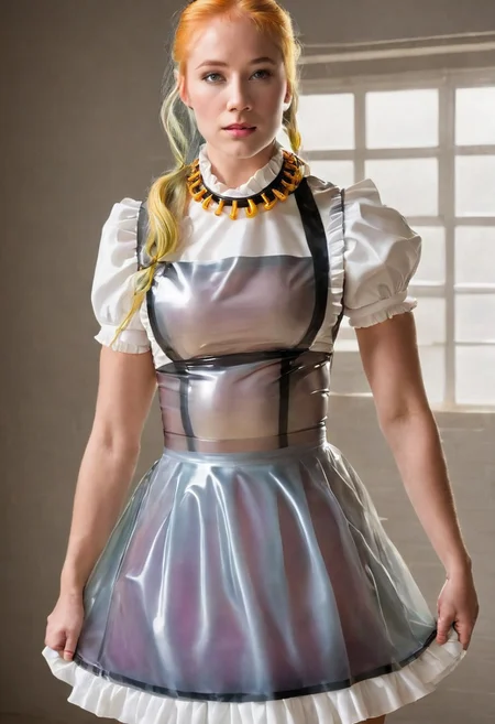 (photo-realistic high resolution 1woman full-length image, Focus full body from a great distance:1.4), sharp details, (((small bust))), flat chest, full-length image, (((STANDING))),
(metal waist band, (((wrists connected with chains to both waist band and collar))):1.4)
(wearing a Transparent rainbow_tinted latex gag, gagged, muzzle gag, g4g):1.5,
( (very shiny Transparent rainbow_tinted latex pleated maid dress:1.4),
perfect proportions, plain white room, light reddish-blonde hair high ponytail, wide open hazel eyes, sharp focus, realistic skin, black shiny ankle booties