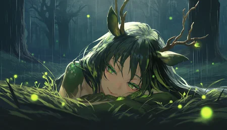 by [lack|fuzichoco|lam|kinta \(distortion\)|wlop|quasarcake|nixeu|happoubi jin|hoshi rousoku],
dryad, 1girl, antlers, two-tone skin, black hair, multicolored hair, two-tone skin, grass body, smile, flower,  green eyes, colored eyelashes, (half-closed eyes:0.7), blush, very long hair, green hair, tree shade, leaning to the side, head tilt, black theme, backlighting, moonlight, night, green glow, bioluminescence, deer ears, impasto, rain, soft focus, close-up, fireflies, on stomach,
masterpiece, best quality, very aesthetic, absurdres
<lora:illustrious_all_rated_v1:1>