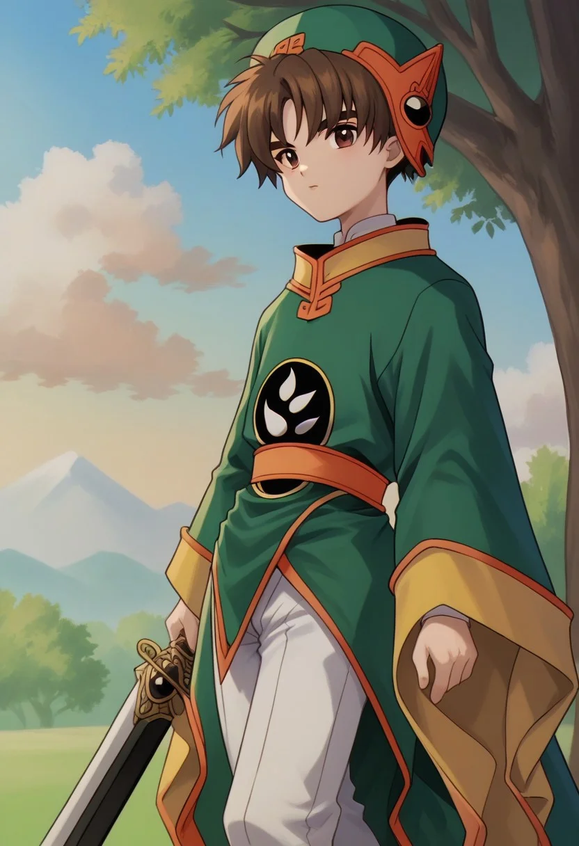 score_9, score_8_up, score_7_up, source_anime, highly detailed,
syaoran, 1boy, male focus, solo, brown hair, brown eyes, hat, green headwear, chinese clothes, shirt, white shirt, pants, white pants, robe, green robe, yin yang, long sleeves, wide sleeves, sword on back,
outdoor, sky, cloud, tree