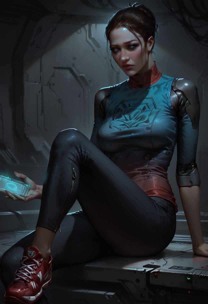 score_9, score_8_up,score_7_up, score_6_up, score_5_up, score_4_up, 
BREAK, 1girl, light skin, subtle white eyeshadow, light freckles, brown hair, tied back, soft lips, hazel eyes, gradient sleeveless shirt, black pants, leg zipper, red sneakers,
BREAK, sitting, leaning back, one leg bent, other leg extended, holding sci fi device, looking sideways, relaxed pose
BREAK, aesthetic, wallpaper, high quality, standing, cowboy shot, bright colors, high contrast, dark background, vivid lighting, hands manipulating hologram, holographic display, sci fi room, control room, futuristic control room, metallic surfaces, control panels, buttons and switches, sci-fi atmosphere, high-tech environment, 
SkinHairDetail, OverallDetail, fHandDetail, Expressiveh, gwentstyle, concept art, realistic, dark theme, low light,