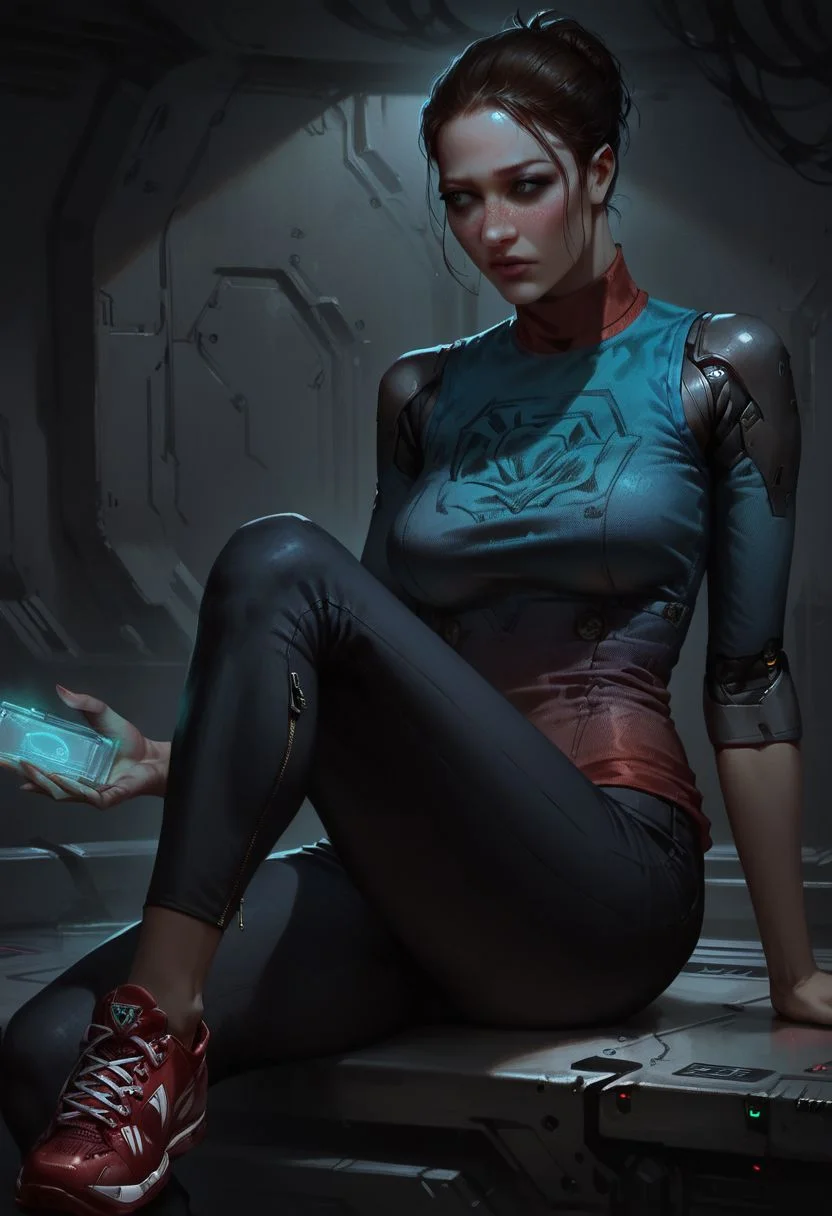 score_9, score_8_up,score_7_up, score_6_up, score_5_up, score_4_up,
BREAK, 1girl, light skin, subtle white eyeshadow, light freckles, brown hair, tied back, soft lips, hazel eyes, gradient sleeveless shirt, black pants, leg zipper, red sneakers,
BREAK, sitting, leaning back, one leg bent, other leg extended, holding sci fi device, looking sideways, relaxed pose
BREAK, aesthetic, wallpaper, high quality, standing, cowboy shot, bright colors, high contrast, dark background, vivid lighting, hands manipulating hologram, holographic display, sci fi room, control room, futuristic control room, metallic surfaces, control panels, buttons and switches, sci-fi atmosphere, high-tech environment,
SkinHairDetail, OverallDetail, fHandDetail, Expressiveh, gwentstyle, concept art, realistic, dark theme, low light,
