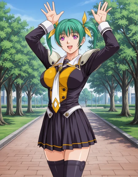1girl, solo, nonomiya ruri, green hair, twintails, hair ribbon, purple eyes, smile, open mouth, large breasts, St_Arcadia_Uniform, school uniform, black and yellow clothes, shoulder pads, white necktie, long sleeves, pleated skirt, black thighhighs, arms up, waving, standing, outdoors, park, trees, blue sky, (anime coloring:1.2) <lora:nonomiya_ruri_ilxl_v1:0.8>