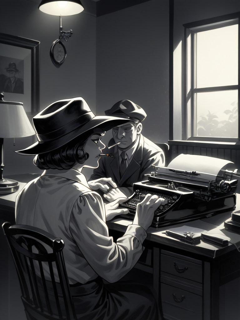 score_9, score_8_up, score_7_up, source_anime, BREAK

1boy, A detective, sitting, desk, typing, typewriter, Hat. Mood Lighting, Monochrome, Smoky, Desk Lamp, BREAK

1girl, attractive woman, standing, holding, cigarette, smoking, talking,