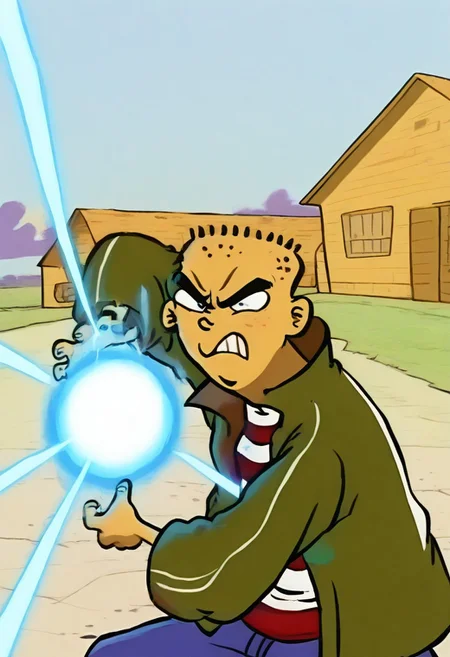 Masterpiece, best quality, 8k, newest, absurdres, highly detailed, 1boy, solo, edboi, mnbrow, green jacket, striped red and white shirt, unibrow,
Kamehameha-Charge, bent elbows,arms on waist level ,hands cupped together, holding energy orb
,
BREAK
,angry expression, houses in background, day,