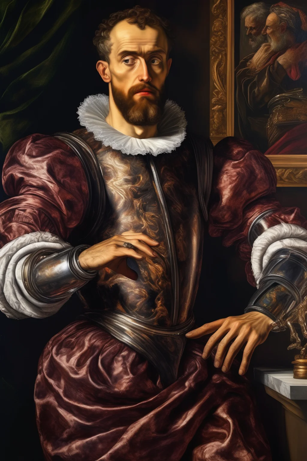 <lora:Tintoretto Style:1>Tintoretto Style - Create an ancient painting in the style of Tintoretto featuring a distinguished man with a captivating expression and a remarkable twista robotic bionic arm seamlessly integrated into his anatomy. The painting should exude the grandeur and depth characteristic of Tintoretto's work, with rich colors and dramatic lighting. The man's attire should reflect the historical period, emphasizing elegance and sophistication. The composition should emphasize the contrast between the classical setting and the futuristic element of the bionic arm, highlighting the fusion of technology and artistry. Consider using warm, earthy tones and subtle textures to add a sense of authenticity and age to the painting. Capture a moment that evokes intrigue and curiosity, leaving viewers pondering the story behind this intriguing figure. Camera Setup: A high-resolution digital camera equipped with a macro lens to capture fine details and textures. Lighting: Employ natural lighting techniques reminiscent of Tintoretto's era, with a subtle interplay of light and shadow to enhance depth and drama.