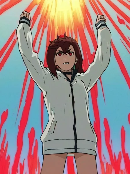 score_9, score_8_up, score_7_up, momoayase, a stylized drawing of a young woman in a white jacket with arms outstretched, against a bright blue background, brown hair, red eyes, open clothes, sky, white hoodie, volumetric lighting  <lora:dandadan_pony_v1-1:0.95>