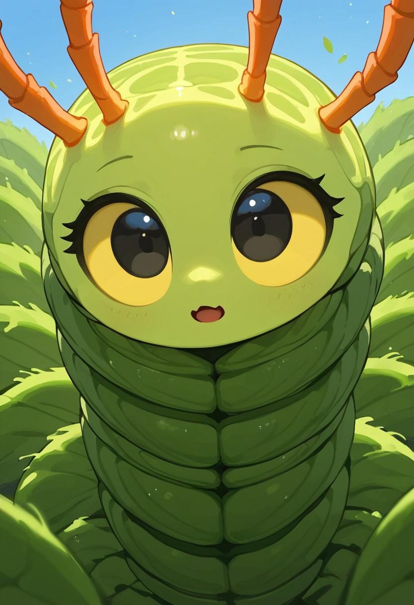 score_9, score_8_up, score_7_up, score_6_up, score_5_up, score_4_up, Expressiveh, (feral insect girl, feral caterpillar girl:1.2), full body shot, rearing up, perky breasts, green caterpillar, open mouth, cute, petite, (arms down at sides), single orange horn, (two-pronged horn), green body, leaves, looking at viewer, ((crawling, slithering, many legs:1.2), big bulbous head, long body, centipede legs:1.3), black eyes, yellow sclera, big eyes, outdoors, blue sky, sunny day, black stripes, dutch angle, diagonal view