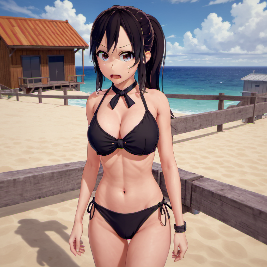 1girl, swimsuit, breasts, solo, bikini, black hair, outdoors, ocean, day, navel, cleavage, bangs, looking at viewer,  long hair, sky, scowl, angry, black bikini, blue sky, side-tie bikini bottom, cloud, brown eyes, cowboy shot, front-tie top, ponytail, collarbone, railing, large breasts, thigh gap, mouth open, horizon, front-tie bikini top, water, medium breasts, bare shoulders, beach, <lora:Yumi_Yamaguchi:1>