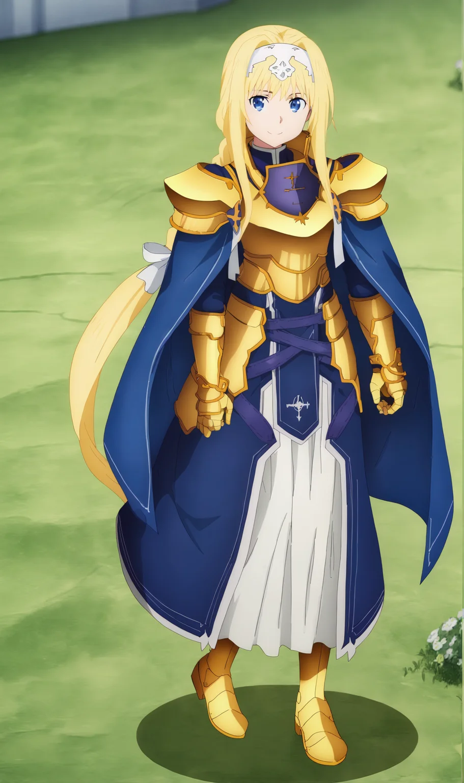 AZ, 1girl, solo, blonde hair, braided ponytail, blue eyes, white hairband, gold armor, blue cape, gauntlets, long skirt, armored boots, full body, smile, looking at viewer, <lora:Alice Zuberg Pony XL:1>