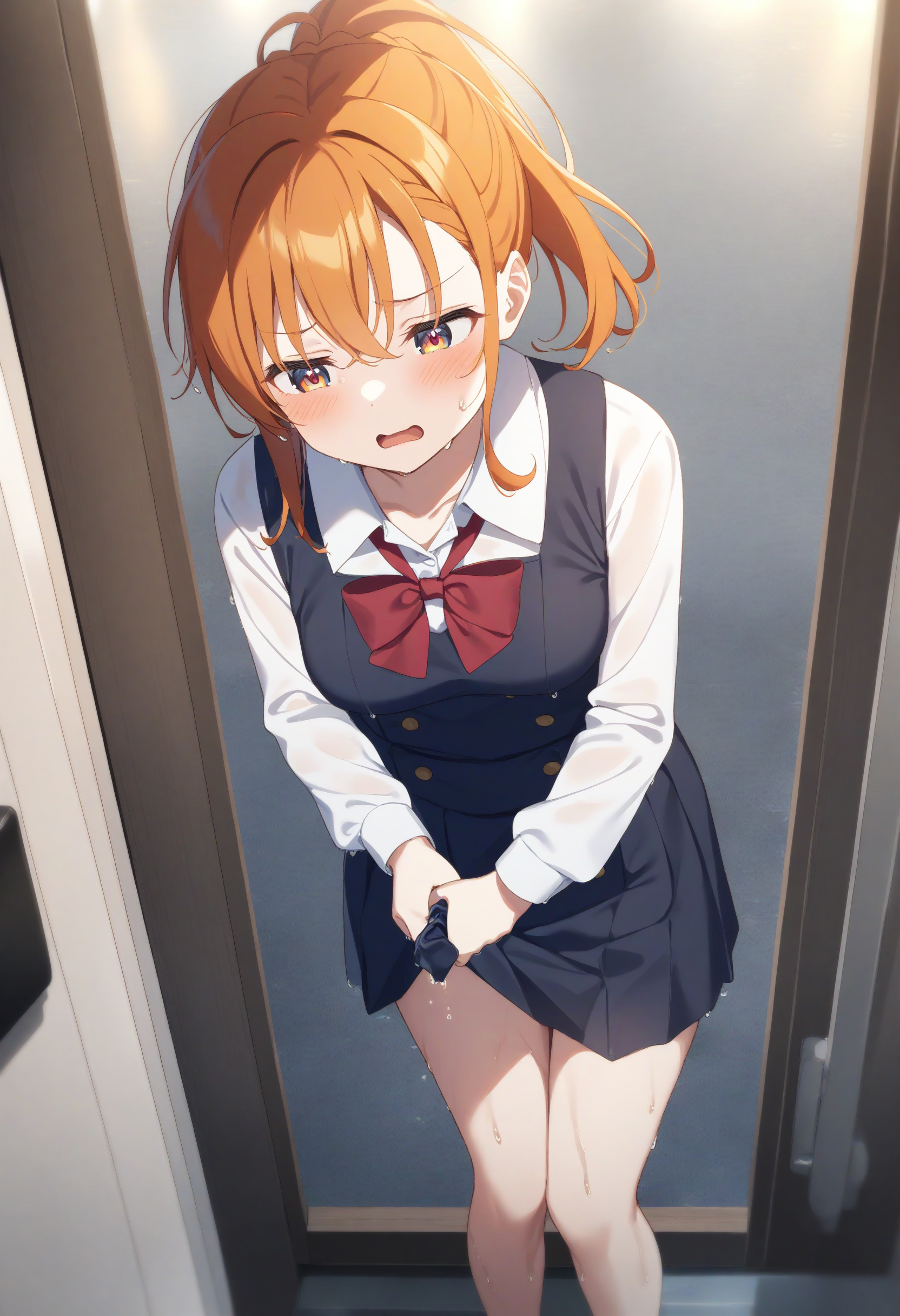 1girl,sincos, ningen mame, toosaka asagi,solo,medium breasts,school uniform,
wringing skirt,<lora:wringingskirt_XL_v1:0.8>
standing, wet clothes, wet hair, wet skirt,
from above, feet out of frame, looking away, orange hair, brown eyes,disappointed, theater, open mouth, braid ponytail hair,,
best quality, very aesthetic, absurdres