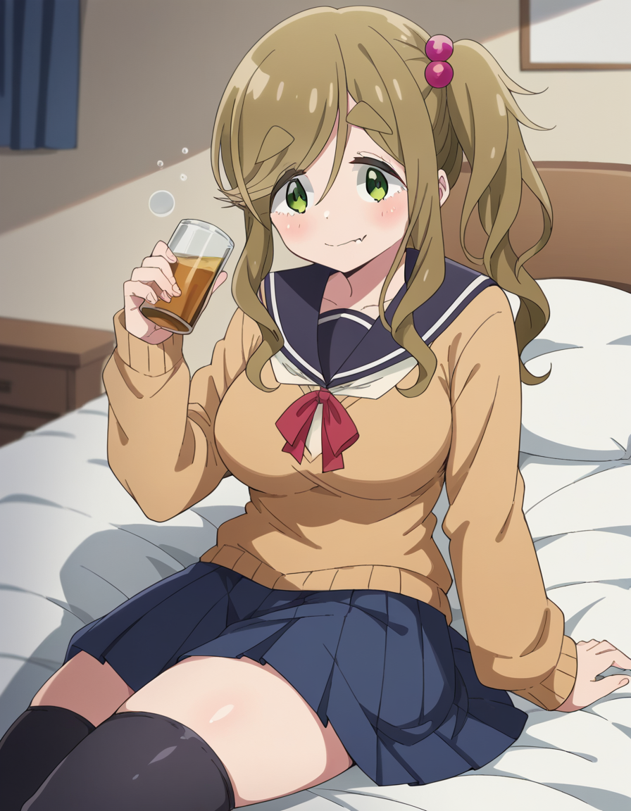 score_9, score_8_up, score_7_up, source_anime, <lora:aoi-inuyama-s3-ponyxl-lora-nochekaiser:1>, aoi inuyama, long hair, brown hair, hair ornament, green eyes, fang, side ponytail, hair bobbles, skin fang, thick eyebrows, large breasts,, skirt, thighhighs, long sleeves, school uniform, pleated skirt, serafuku, black thighhighs, sailor collar, sweater, motosu school uniform,, indoors, bed, bed room, on side, blush, drunk, looking at viewer, solo, cowboy shot, dutch angle