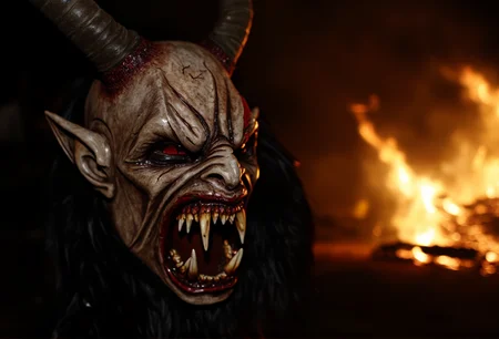A close-up of a Krampus mask, showcasing sharp, menacing fangs with dramatic backlighting to enhance the mystical atmosphere. The mask is adorned with charred and cracked surfaces, creating a haunting and realistic look. The background features a faintly glowing bonfire, ensuring the mask remains the main focus, in sharp focus with crisp details.<lora:bv-krampus-v1.safetensors:1.0:1.0>