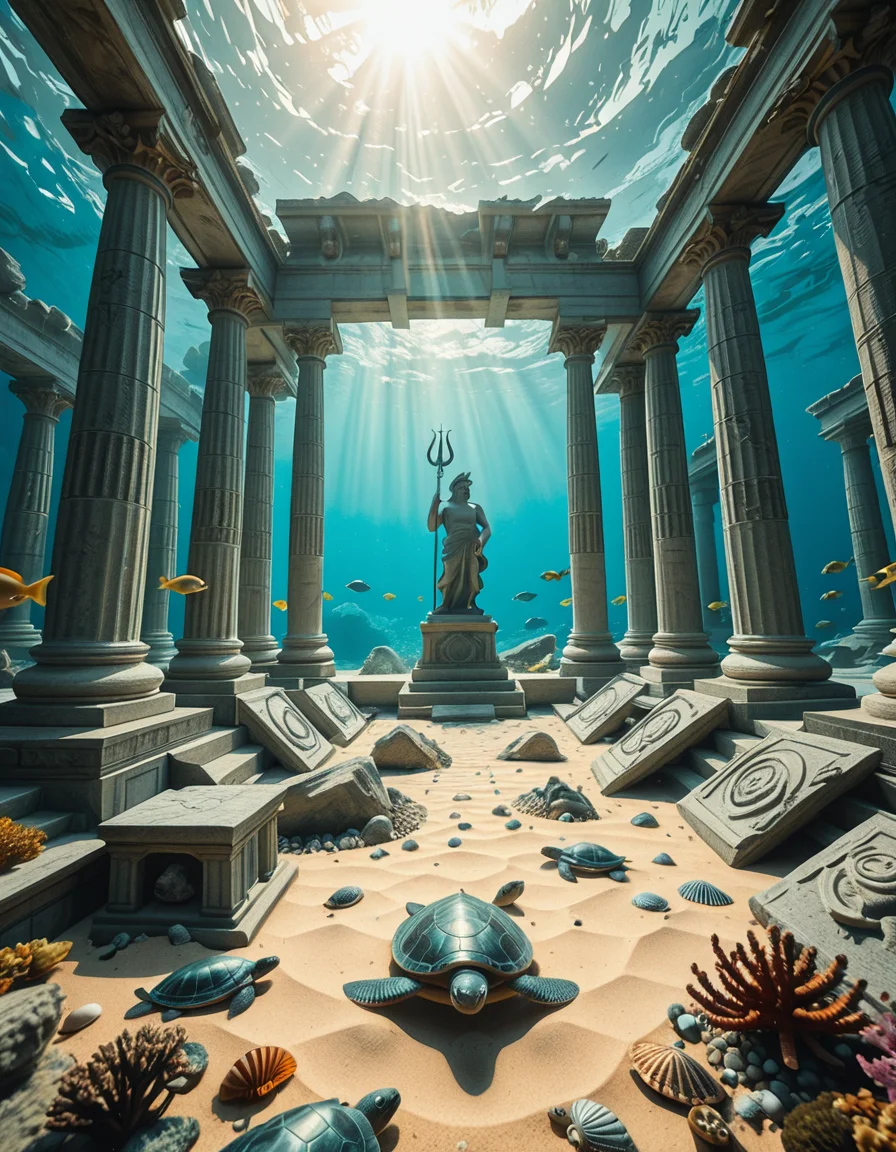 An ancient underwater Temple of Poseidon, partially buried in sand and coral at the bottom of the Aegean Sea. Massive marble columns, some broken, others still standing, encrusted with seashells and marine life. Soft sunlight filtering through the ocean surface above, casting shimmering rays over the temple ruins. Colorful fish and sea turtles swimming peacefully around. The atmosphere is mystical and serene, with a bluish-green hue dominating the scene. A statue of Poseidon with a trident stands at the center of the temple, covered in algae and marine growth. Realistic style, high detail, cinematic lighting, wide-angle view.
<lora:SDXLFaeTastic2400:0.4> <lora:extremely_detailed:0.4> extremely detailed,underwater Temple of P0s31d0n, <lora:underwater_Temple_of_P0s31d0n-i:1>, Masterpiece,best quality,hi res,8k,hi res,8k,award winning,(sharp focus, intricate, highly detailed),