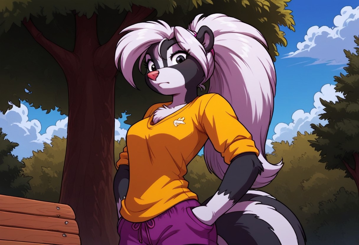 score_7, score_8, score_9, dynamic lighting, detailed background, background is park, benches, trees, walkway, clouds, sunny, glowing, close up, cowboy shot
BREAK 
Solo, 1 female, single female, anthro, furry female, female skunk, Tabitha Skunk, short, white black, long hair, (white hair), pink animal nose, black eyes, (skunk tail), feet claws, chest fur tuft, ((white cheeks))
BREAK 
standing, looking at viewer, confused look, purple shorts, yellow t shirt, hands in pockets