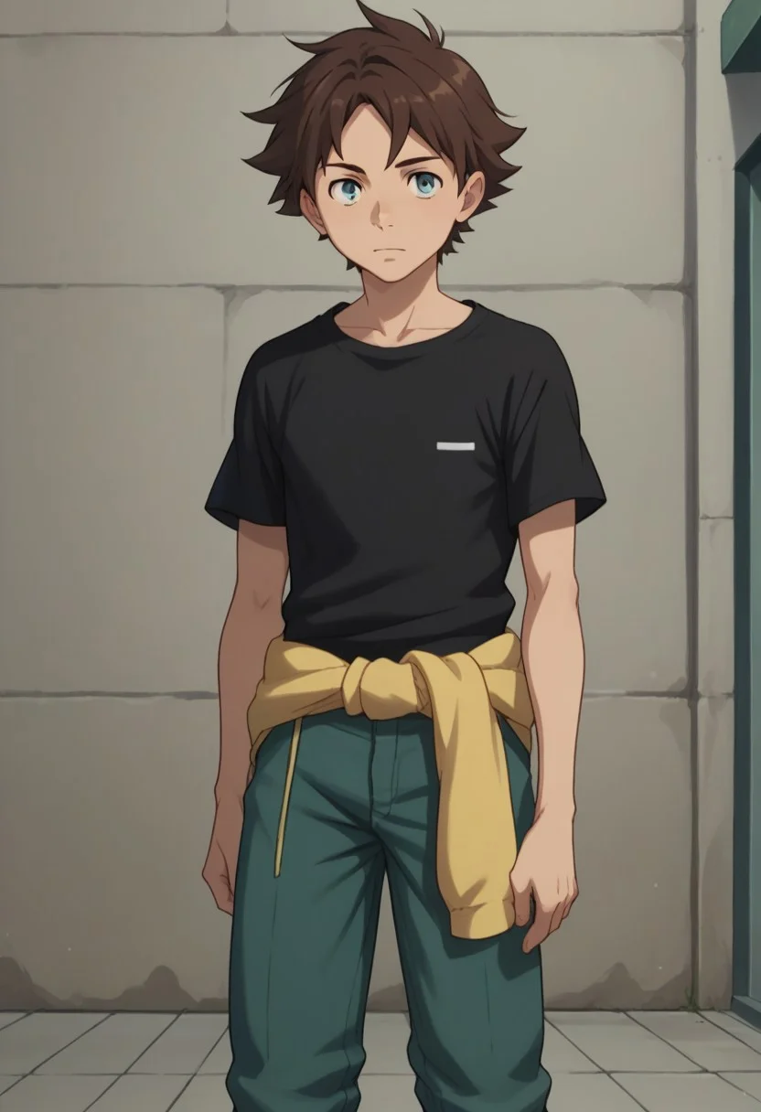 score_9, score_8_up, score_7_up, source_anime, highly detailed,
renton, 1boy, male focus, brown hair, blue eyes, solo, clothes around waist, shirt, standing, black shirt, short sleeves, pants, short hair, t-shirt, green pants,
outdoor,