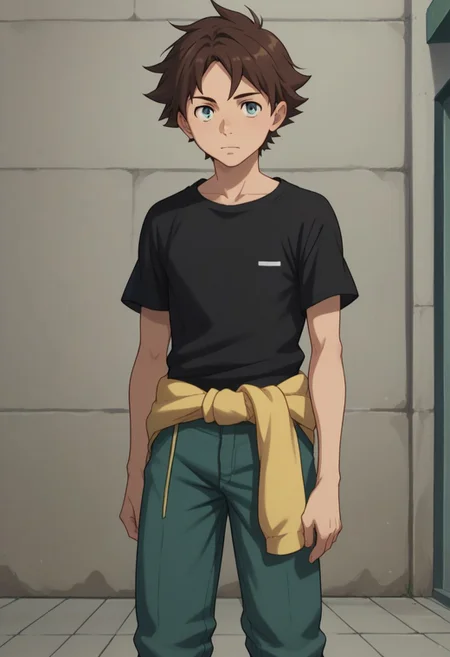 score_9, score_8_up, score_7_up, source_anime, highly detailed,
renton, 1boy, male focus, brown hair, blue eyes, solo, clothes around waist, shirt, standing, black shirt, short sleeves, pants, short hair, t-shirt, green pants, 
outdoor,