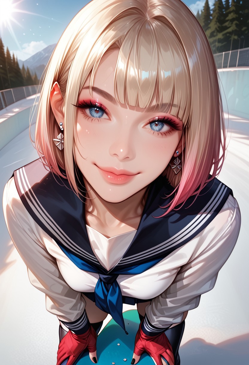 (score_9, score_8_up, score_7_up), best quality, ultra highres, realistic:0.7, solo, girl, 22 year old, silk blonde hair with pink highlights, straight short hair, hime cut, bangs, big bright eye, flat perky chest, sexy pink lips, half lips, detailed eyes, eyeshadow, shy, cute smile, a quarter closed eyes, BREAK slim figure, tall body, wide hips, shiny pale skin, outstanding style, sexy, pale skin, smart looking, Expressive, standing in ski resort, snowboard((standing by snowboard, wearing sailor uniform, pleated skirts, thigh highs boots, warm scarf, red gloves)), spread legs, legs spread, pensive, light smile, closed mouth, presenting her face, horny, face focus, looking at viewer, eye contact, face focus, tight ass, sexy face, black nail polish, pensive, light smile, closed mouth, presenting her breast, horny, breast focus, foot fetish, relaxed, looking at viewer, eye contact, face closeup, earrings, detailed face, detailed skin, sexy, rim lighting, two-tone lighting, low key, (extremely closed-up, near viewer), god rays of light, high angle,
