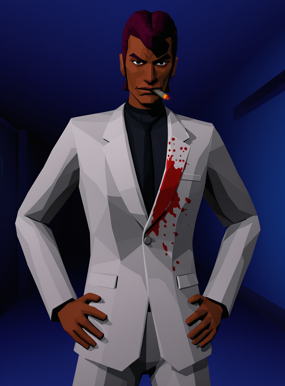 sfw, <lora:killer7_Artstyle_Illustrious:1>, killer7style, 1boy, solo, white suit, flat colors, polygonal, hotel hallway, moody lighting, dark skin, upper body, stern face, blue background, black tie, 3d, low poly, hands on hip, blood on suit, pompadour, cigar, undershirt,