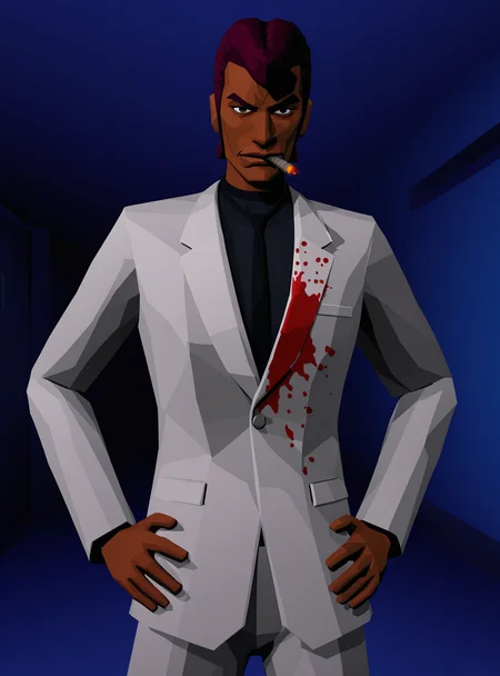 sfw, <lora:killer7_Artstyle_Illustrious:1>, killer7style, 1boy, solo, white suit, flat colors, polygonal, hotel hallway, moody lighting, dark skin, upper body, stern face, blue background, black tie, 3d, low poly, hands on hip, blood on suit, pompadour, cigar, undershirt,