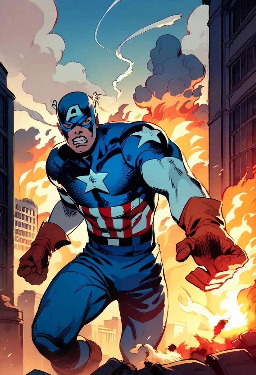score_9, score_8_up, score_7_up, source_comic, CAPTAIN AMERICA, solo, gloves, 1boy, weapon, male focus, teeth, bodysuit, mask, fire, clenched teeth, building, smoke, shield, city, explosion, superhero