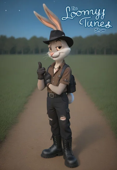 [score_9, score_8_up, score_7_up, score_6_up, score_8],  zPDXL2, source_photo, source_real, real life photo, outside backyard, 1boy + man + anthro + rabbit, lush landscape, starry sky, looking at viewer, celestial atmosphere, hat, black headwear, bandana, shirt, buttons, bracelet, necklace, pants, torn pants, torn clothes, glove, gloves, black gloves, single glove + finger gun, pointing at viewer, boots, black footwear.