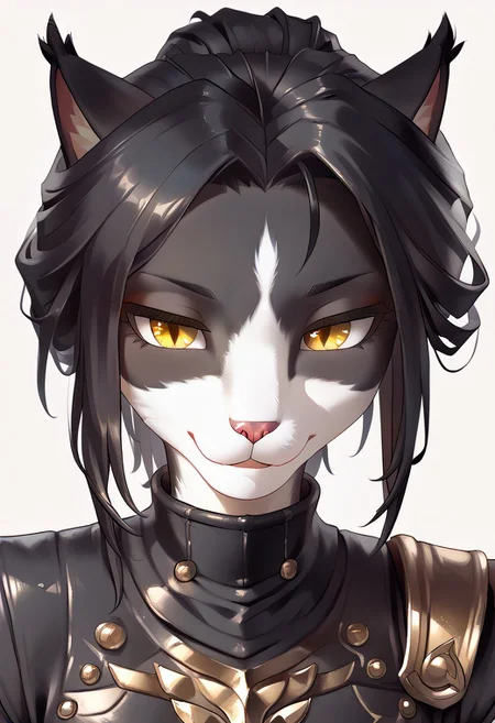 masterpiece, score_9, score_8_up, score_7_up, score_6_up, simple background, (by zinfyu:1), source_furry, (beautiful yellow eyes), anthro, furry, 1girl, 3mb3r, feline, black armor, black and white fur, detailed face, detailed eyes, black hair, tail, animal ears, close-up portrait, expressive and confident look, intricate fur and hair details, focused and balanced composition, vibrant and harmonious color palette