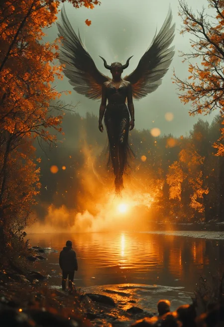 FredFraiStyle, 
A lone orc sorcerer with a long, silver-streaked beard and deep green skin stands at the edge of a glowing autumn lake. The water reflects the vibrant orange and gold leaves, and floating above the lake is a seductive demoness with raven-black wings and a sly smile. She hovers just out of reach, her eyes locked on the orc as he chants ancient spells. The air is thick with magic, the surface of the lake shimmering with arcane energy. The vibe is mysterious and tense, an encounter filled with both power and temptation.