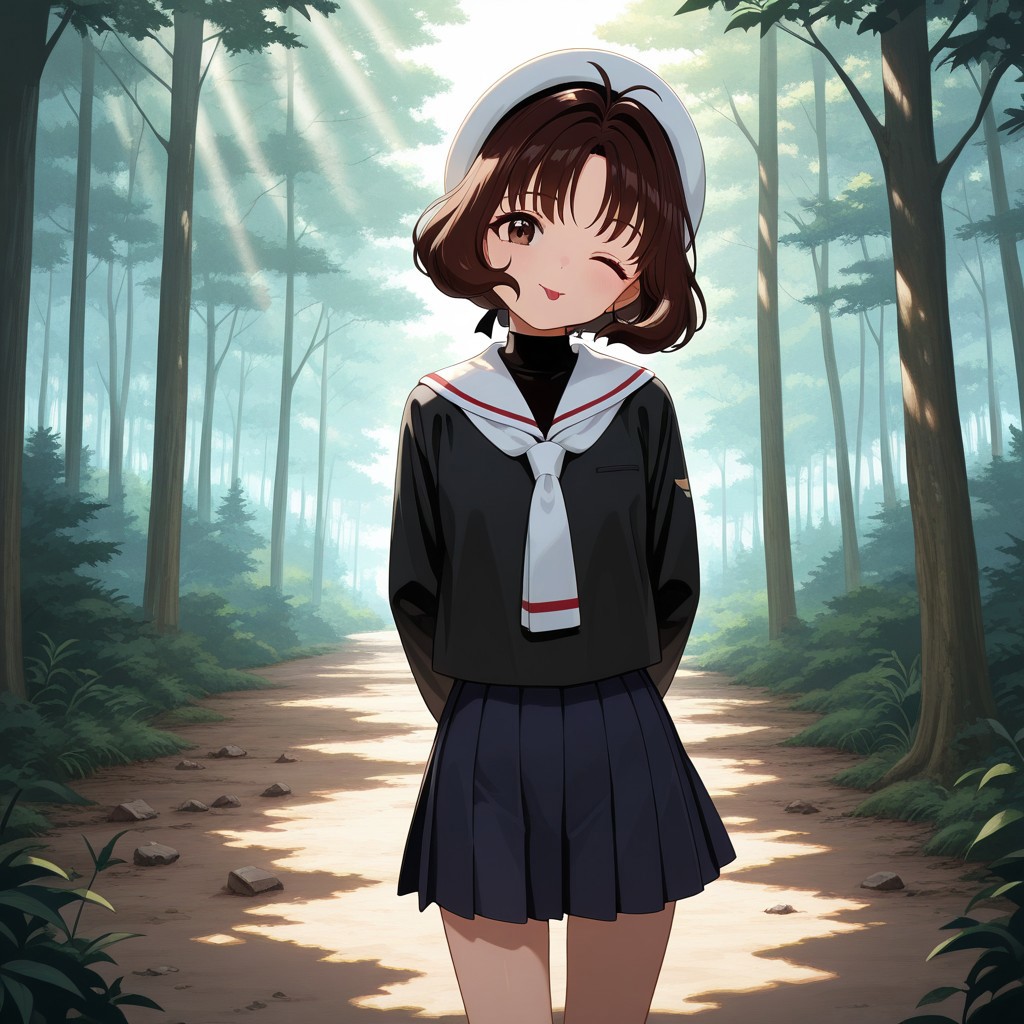 masterpiece, best quality, break, rika_cc, brown hair, short hair, brown eyes, school uniform, skirt, white hat,  standing, head tilt, one eye closed, tongue, forest, sunlight, shadows, natural lighting