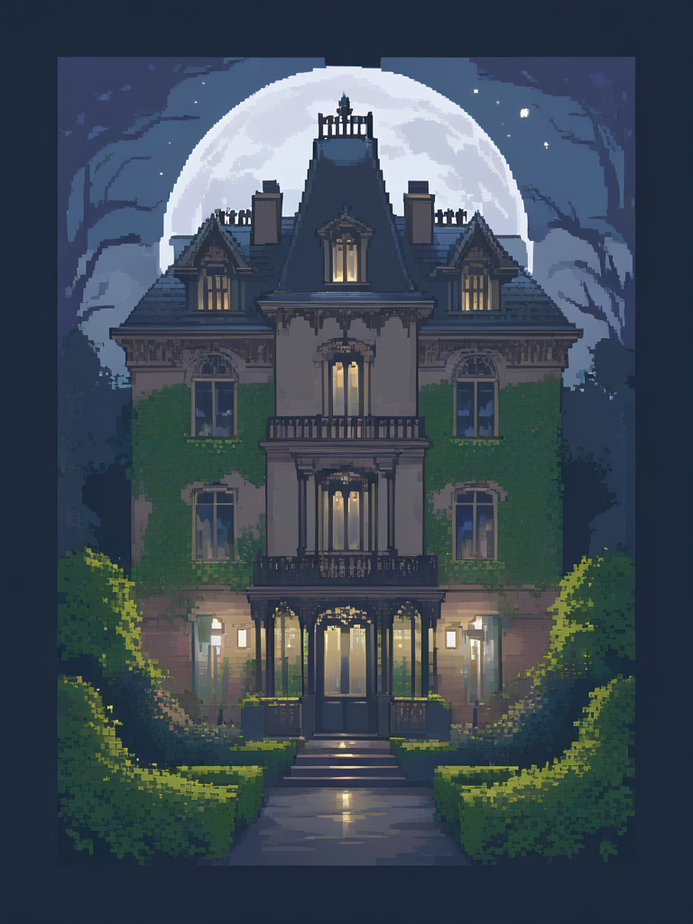 <lora:pixel style-000007:1>,pixel style, Picture a grand, yet eerie, Victorian mansion at twilight. The house stands tall and imposing, with gothic windows and ivy climbing its walls. A ghostly figure appears in one of the windows, gazing out into the misty, moonlit garden.