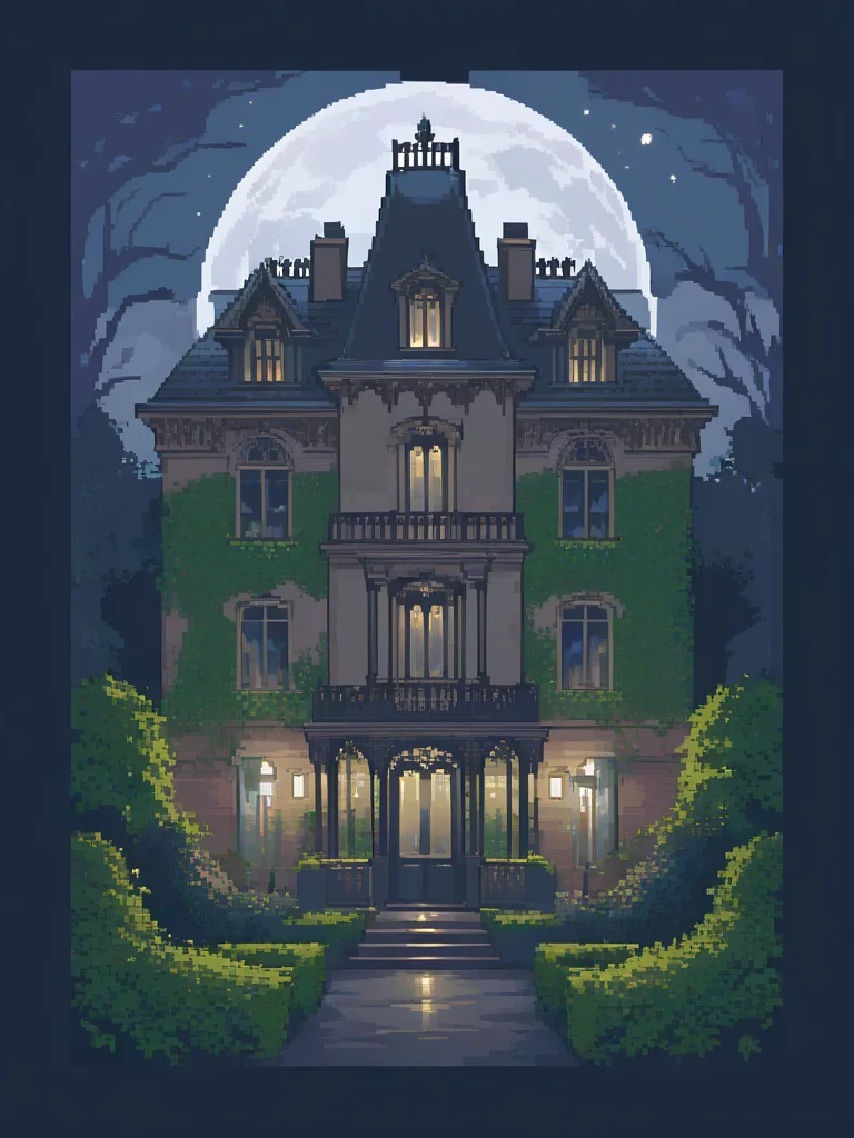 <lora:pixel style-000007:1>,pixel style, Picture a grand, yet eerie, Victorian mansion at twilight. The house stands tall and imposing, with gothic windows and ivy climbing its walls. A ghostly figure appears in one of the windows, gazing out into the misty, moonlit garden.