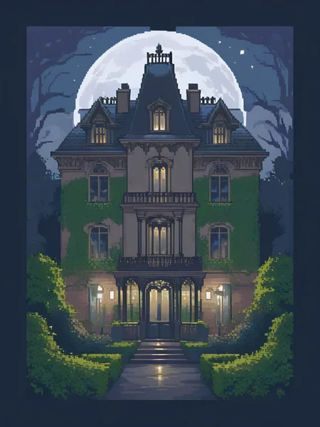 <lora:pixel style-000007:1>,pixel style, Picture a grand, yet eerie, Victorian mansion at twilight. The house stands tall and imposing, with gothic windows and ivy climbing its walls. A ghostly figure appears in one of the windows, gazing out into the misty, moonlit garden.