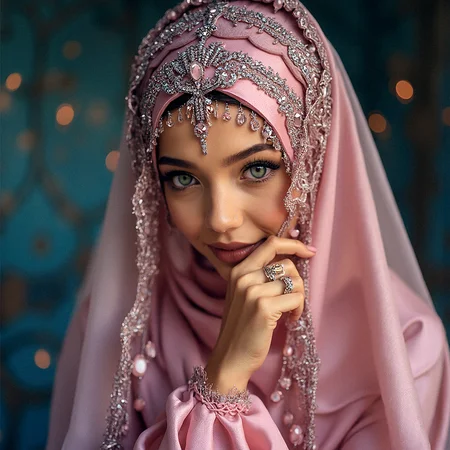 A close-up of a Middle Eastern woman wearing a luxurious pink satin hijab, intricately embroidered with silver and pink jewels. Her light green eyes, framed by perfectly shaped brows and accentuated by dark eyeliner, are captivating. The softly blurred background, with warm bokeh lights, enhances the elegance and mystique of her gaze.
Cool, blue-tinted lighting contrasting with warm highlights on the jewelry.Subtle rim lighting outlining the edges of the hijab. Delicate light reflections on the gems, adding sparkle.
Her characteristics are Smooth, flawless tanned skin with a natural glow. Refined, elegant nose with a delicate bridge.Delicate, minimal makeup emphasizing her natural beauty.Soft, warm-toned eyeshadow complementing her eye color.
Pink satin hijab with intricate silver embroidery along the edges. Delicate veil adorned with tiny, dangling pink gemstones. Jeweled headpiece with a central gem resting on her forehead. Subtle metallic accents in the embroidery, reflecting light.
Long, flowing sleeves with delicate lace trimming. Soft, sheer layer of fabric over the satin, adding dimension. long sleeves past wrist.
Her right hand lightly touches the edge of her veil near her cheek, eyes looking thoughtfully into the distance.
Abstract geometric patterns with muted metallic tones.