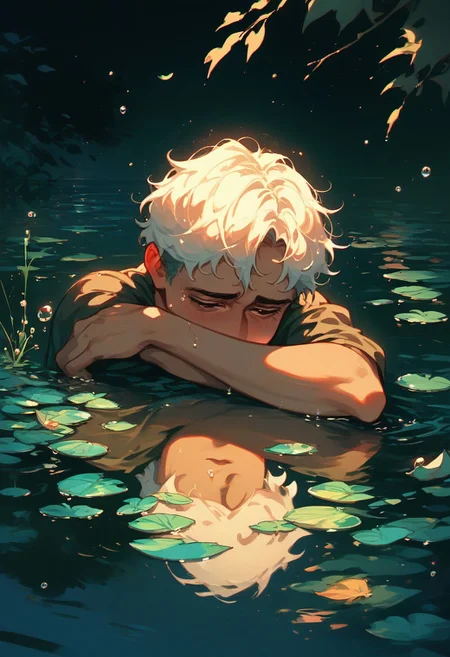 score_9, score_8_up, score_7_up, water surface, reflection in the water, leaves on the water, night, moonlight ,pearls,guy,sad, sad face.