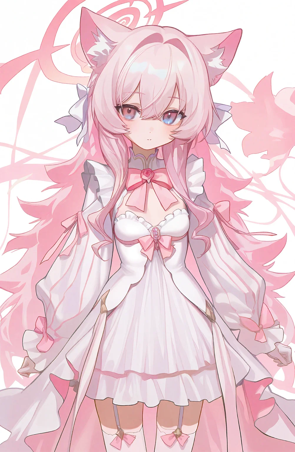 1girl, solo, long_hair, breasts, looking_at_viewer, long_sleeves, gloves, dress, thighhighs, bow, hair_between_eyes, very_long_hair, pink_hair, flower, hair_bow, small_breasts, white_gloves, pink_eyes, white_dress, rose, garter_straps, pink_bow, pink_flower, pink_rose, pink_theme