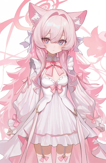 1girl, solo, long_hair, breasts, looking_at_viewer, long_sleeves, gloves, dress, thighhighs, bow, hair_between_eyes, very_long_hair, pink_hair, flower, hair_bow, small_breasts, white_gloves, pink_eyes, white_dress, rose, garter_straps, pink_bow, pink_flower, pink_rose, pink_theme